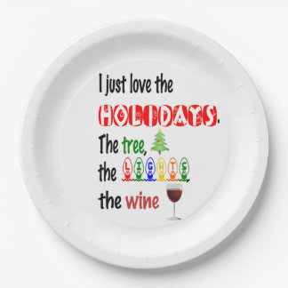 Love The Holidays, Tree, Lights and Wine Paper Plates