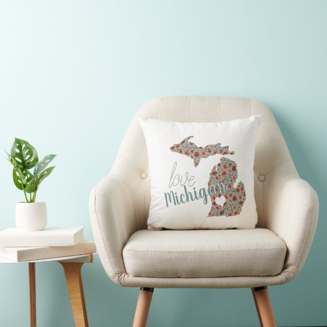 Love The Home State Of Michigan Poppies Floral Throw Pillow (Chair)
