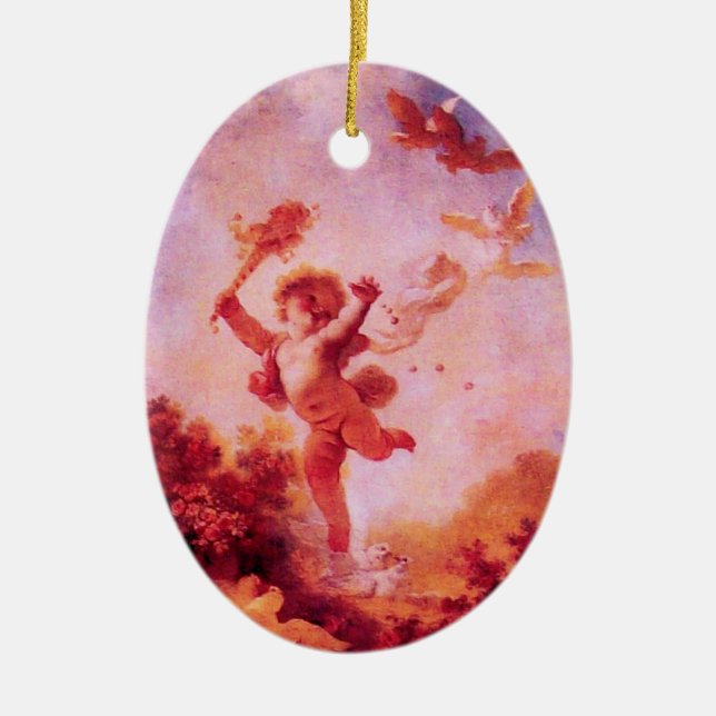 LOVE THE JESTER,CUPID MONOGRAM Red Ruby Heart Ceramic Ornament (Front)
