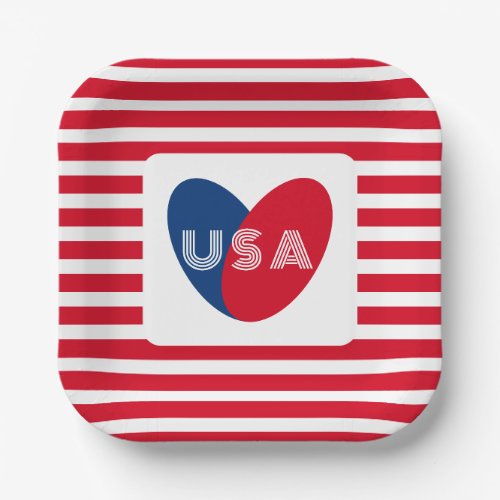 Love the USA Patriotic Red White Blue Fun Heart Paper Plates