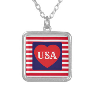 Love the USA Patriotic Red White Blue Fun Heart Silver Plated Necklace