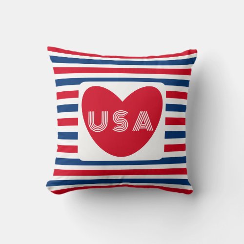 Love the USA Patriotic Red White Blue Fun Heart Th Throw Pillow