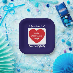 Love the USA Patriotic Red White Blue Heart 250th Paper Plates
