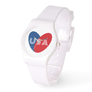 Love the USA Patriotic Red White Blue Heart Simple Watch