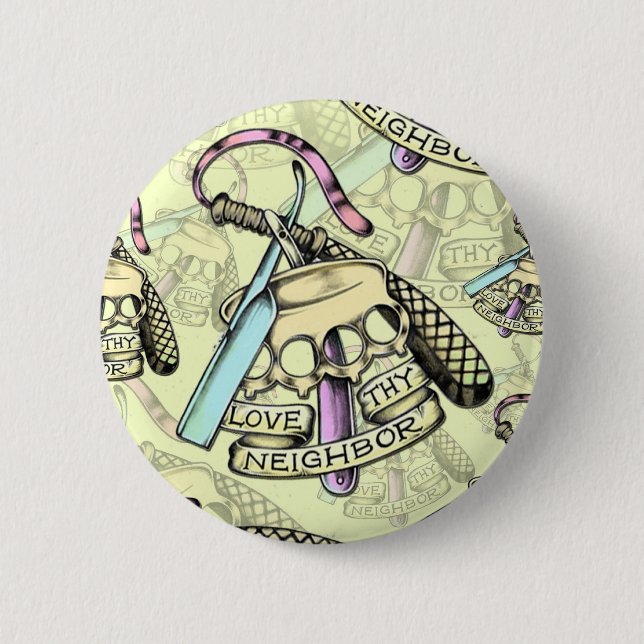 Love thy neighbor hand drawn artwork pattern. button (Front)