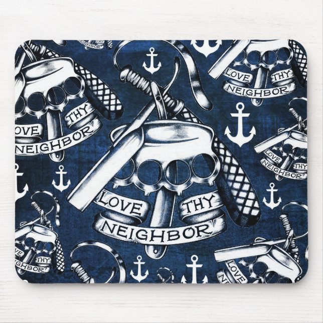 Love thy Neighbors retro Tattoo pattern in navy. Mouse Pad (Front)