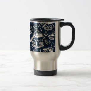 Love thy Neighbors retro Tattoo pattern in navy. Travel Mug