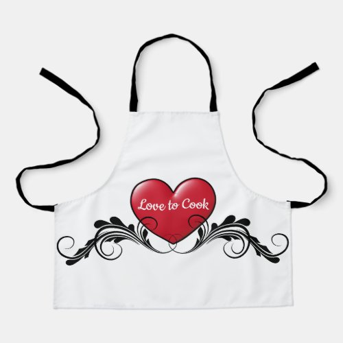 Love to Cook with Shiny Red Heart  Black Filigree Apron