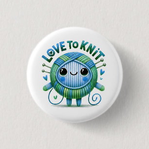 Love to Knit Quote Cute Blue Green Ball of Yarn Button