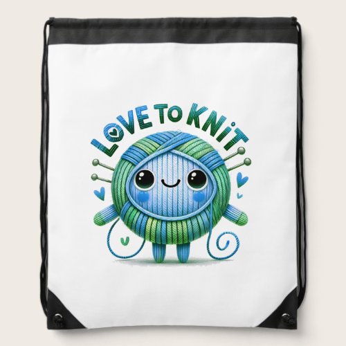 Love to Knit Quote Cute Blue Green Ball of Yarn Drawstring Bag