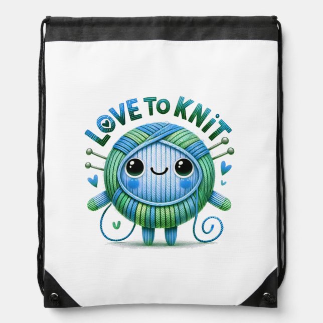 Love to Knit Quote Cute Blue Green Ball of Yarn Drawstring Bag (Front)