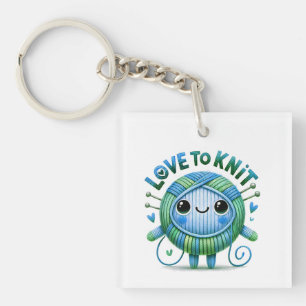 Love to Knit Quote Cute Blue Green Ball of Yarn Keychain