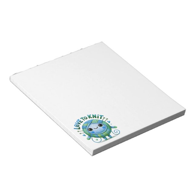 Love to Knit Quote Cute Blue Green Ball of Yarn Notepad (Angled)