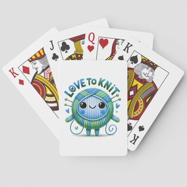 Love to Knit Quote Cute Blue Green Ball of Yarn Poker Cards (Back)