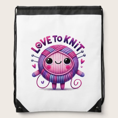 Love to Knit Quote Cute Pink Purple Ball of Yarn Drawstring Bag