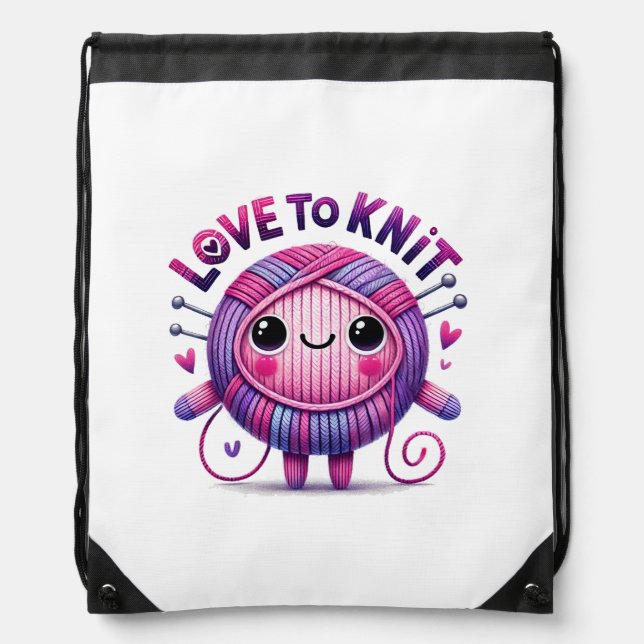 Love to Knit Quote Cute Pink Purple Ball of Yarn Drawstring Bag (Front)