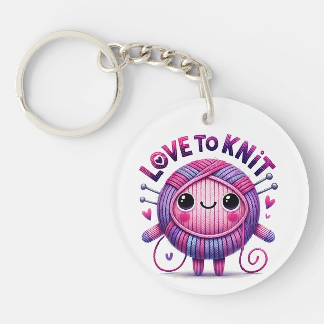Love to Knit Quote Cute Pink Purple Ball of Yarn Keychain (Front)