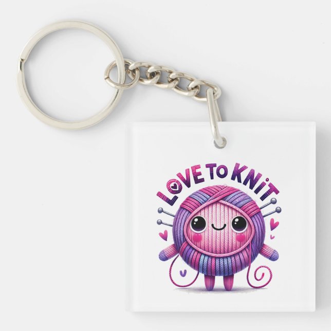 Love to Knit Quote Cute Pink Purple Ball of Yarn Keychain (Front)