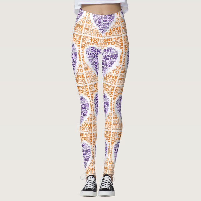 Love To Ski Orange Purple Handmade Yoga Pants (Front)