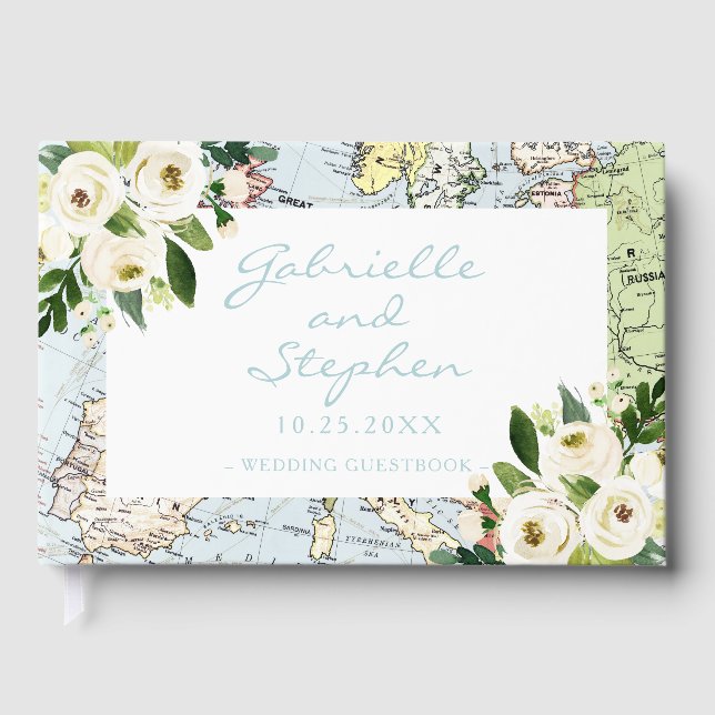 Love Travels Floral Map Romantic Guest Book (Front)