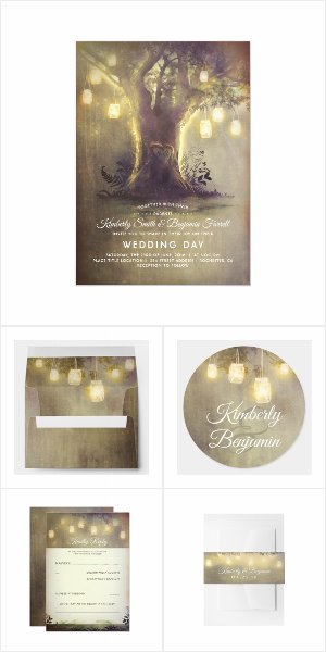 Love Tree and Mason Jar Lights Wedding Invitation Set