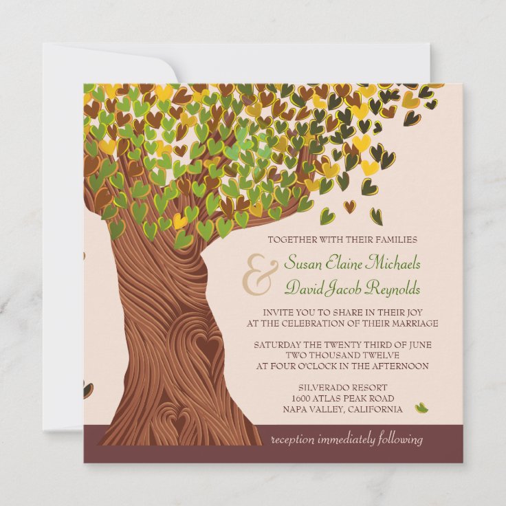 Love Tree Falling Heart Leaves Wedding Invite | Zazzle