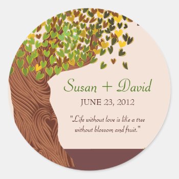 Love Tree Falling Heart Leaves Wedding Invite Classic Round Sticker by InvitationBlvd at Zazzle