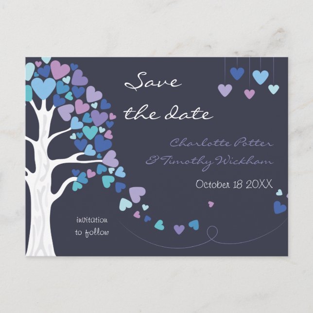 Love Tree Hearts Winter Wedding Save the Date Announcement Postcard (Front)
