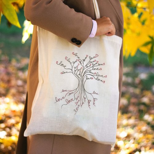 Love Tree of Life Art White Black Red Hearts Cute Tote Bag