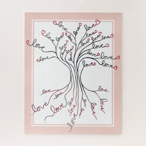 Love Tree of Life Art White Dusty Pink Hearts Cute Jigsaw Puzzle
