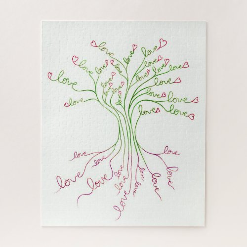 Love Tree of Life Art White Green Pink Hearts Cute Jigsaw Puzzle