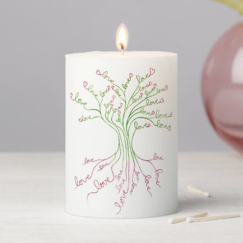 Love Tree of Life Art White Green Pink Hearts Cute Pillar Candle