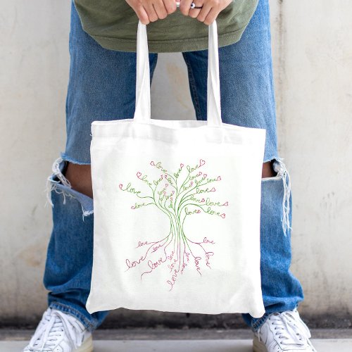 Love Tree of Life Art White Green Pink Hearts Cute Tote Bag