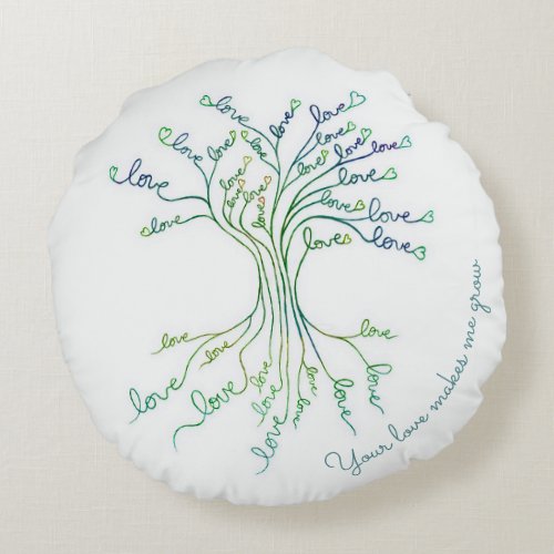 Love Tree of Life Art White Teal Blue Hearts Cute Round Pillow