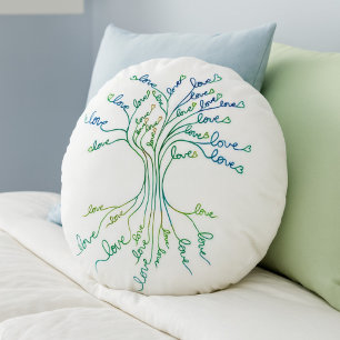 Love Tree of Life Art White Teal Blue Hearts Cute Round Pillow