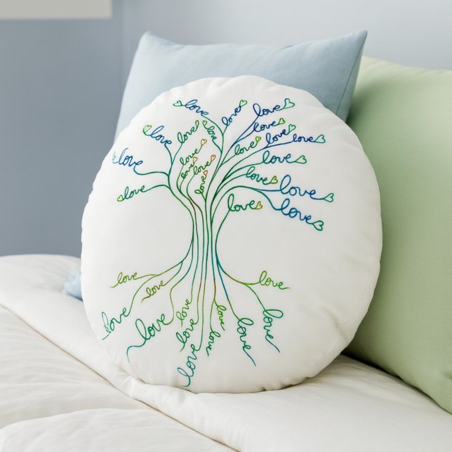 Love Tree of Life Art White Teal Blue Hearts Cute Round Pillow (Creator Uploaded)