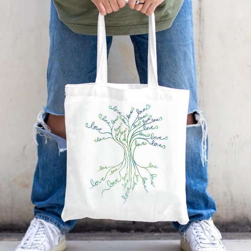 Love Tree of Life Art White Teal Blue Hearts Cute Tote Bag