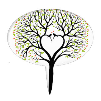 Love tree with heart branches, birds and hearts cake topper