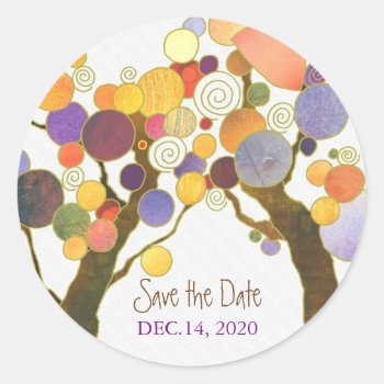 Love Trees Indie Wedding Save The Date Classic Round Sticker by BridalHeaven at Zazzle