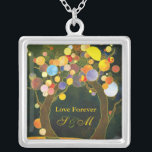 Love Trees Wedding Monograms Keepsake Silver Plated Necklace<br><div class="desc">Whimsical,  romantic and colorful tree illustration designed on custom Necklaces. The rustic tree design pendants will make unique souvenirs for newlyweds,  brides or girlfriends. ((Contact ujean4791@gmail.com for custom work and/or matching items.))</div>