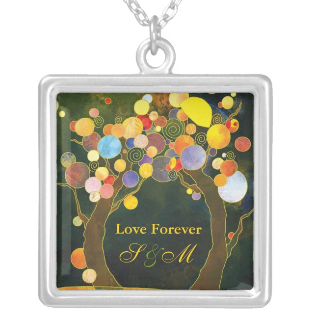 Love Trees Wedding Monograms Keepsake Silver Plated Necklace (Front)