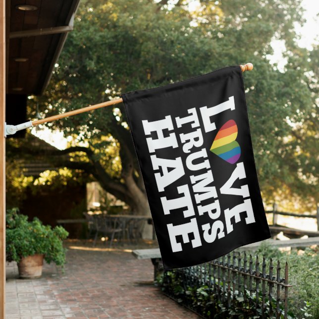 Love Trumps Hate Rainbow Heart - black background House Flag (In SItu)
