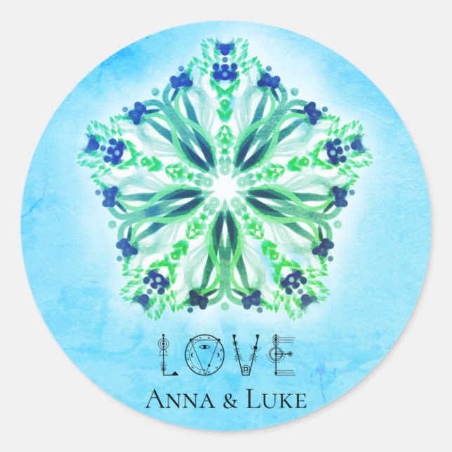 *~* LOVE Turquoise Purple Star Mandala Classic Round Sticker (Front)