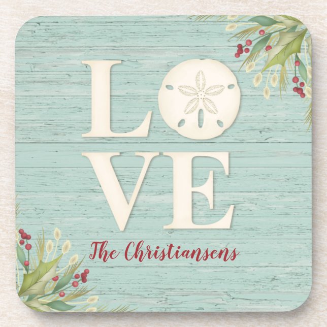 LOVE Typography Coastal Sand Dollar Rustic Beach Beverage Coaster (Front)