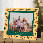 Love typography custom family photo and name plaque<br><div class="desc">Personalized keepsake plaque with custom photo,  family name,  and est year over a modern love bold colorful typography yellow pattern in a trendy earthy color palette.</div>