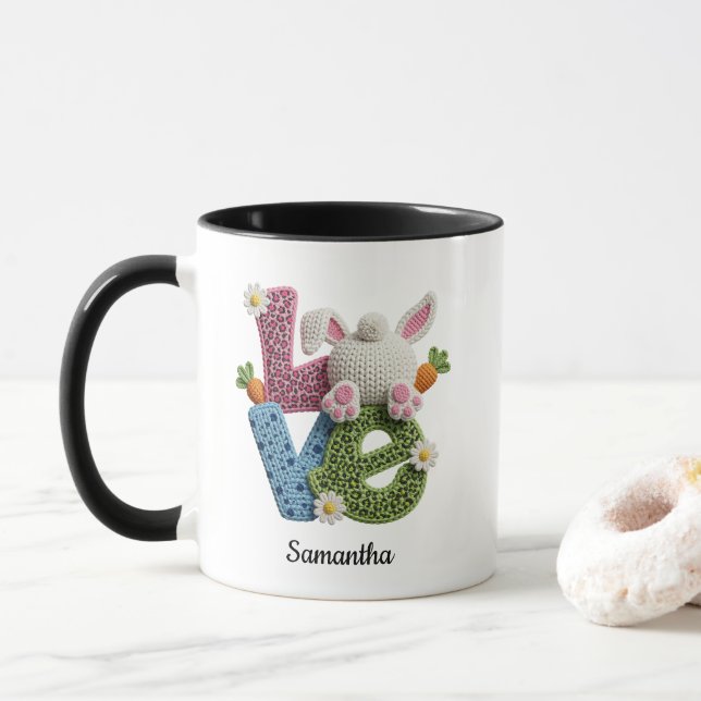 Love Typography Easter Bunny Crochet Name Mug (With Donut)