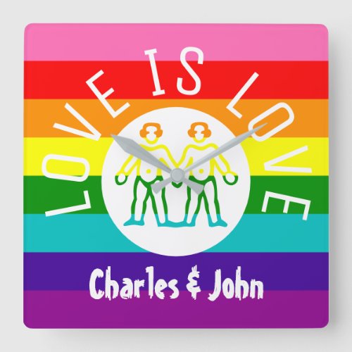 Love Typography Gay Couple Pride LGBT Rainbow Logo Square Wall Clock
