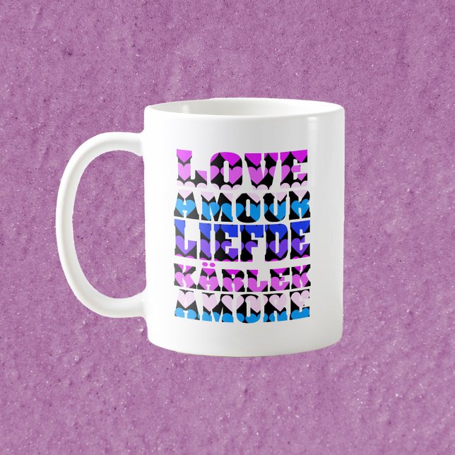 Love Typography Many Languages Hearts Pink Coffee Mug (A mug that says love with pink, purple and blue hearts)