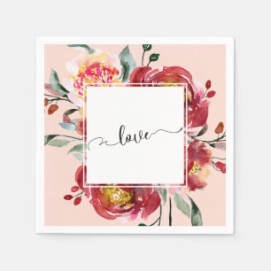 Love Typography over Red Floral Bouquet & Blush Napkins