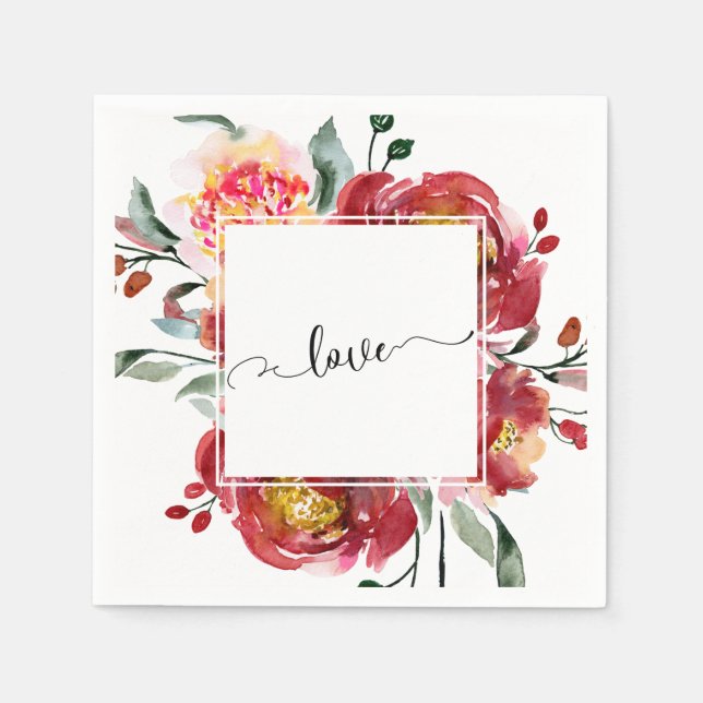 Love Typography over Red Floral Bouquet Napkins (Front)